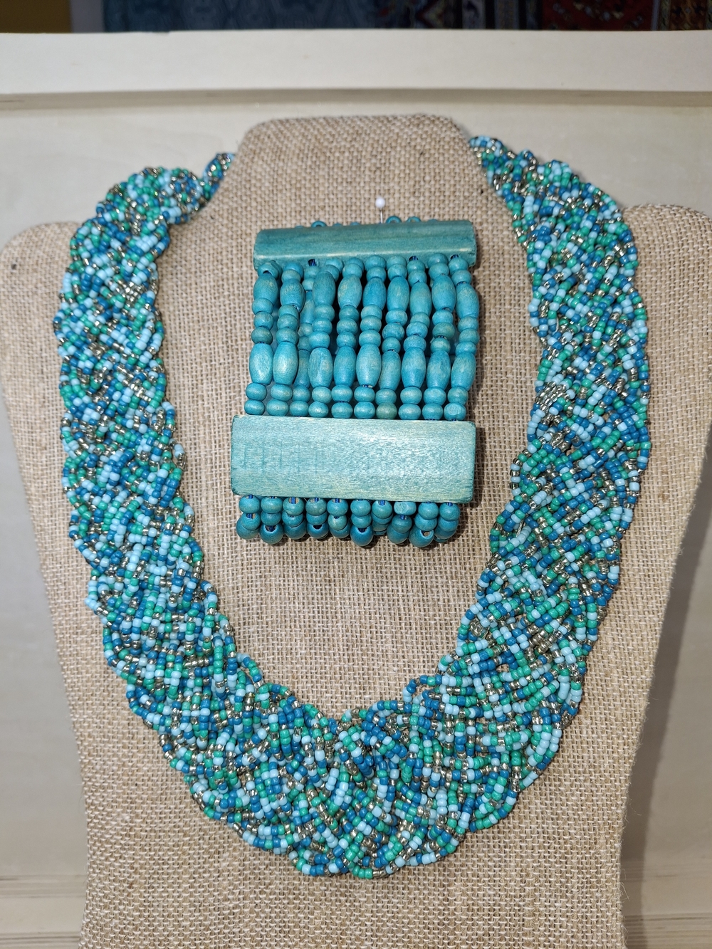 Turquoise Seed Bead Braided Necklace and Bracelet Set - Unbranded